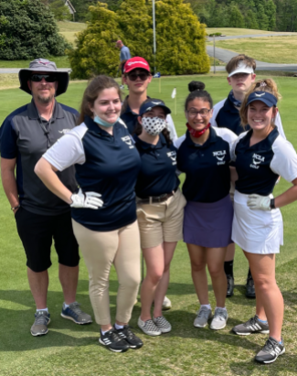 The NCLA HS golf team from left to right: Coach Walsh, Ally Mattingly, Dain Crnojevic, Sophia Dolesh, Giuliana Chiqiuto, Will Blake and Annie Ellis.